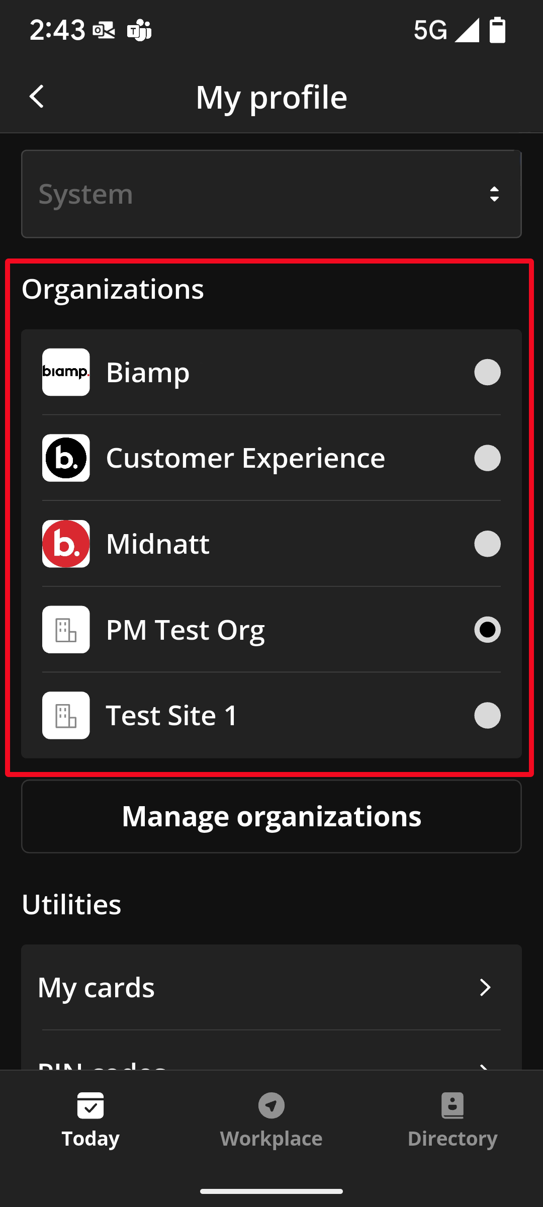 The Your organizations section of the profile screen.